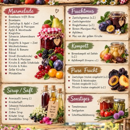 Marmelade<br />
Fruchtsaft<br />
Kompott<br />
Zuckerfrei bzw zuckerreduziert Fruchtmus, Saft, Kompott, Marmelade (Talentetausch Kärnten)