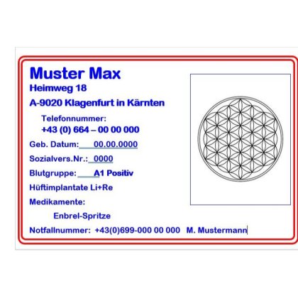 Plasikkarten, Scheckkarten, Visitenkarte, Notfallkarte, Vereinskarte, Clubkarte, Ausweis, Berechtigungskarte, Patientenverfügungskarte, Organspendekarte Infokarten 85mmx52mm (Talentetausch Kärnten)