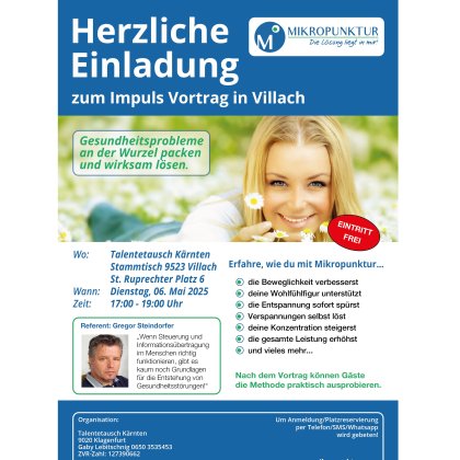 Mikropunktur Vortrag mit Testanwendung Mikropunktur, Biokybernetik Punkte, Morphokybernetik, Beckenschiefstand, Bandscheibenvorfall, Beinlängendifferenz, nadellose Akupunktur, (Talentetausch Kärnten)